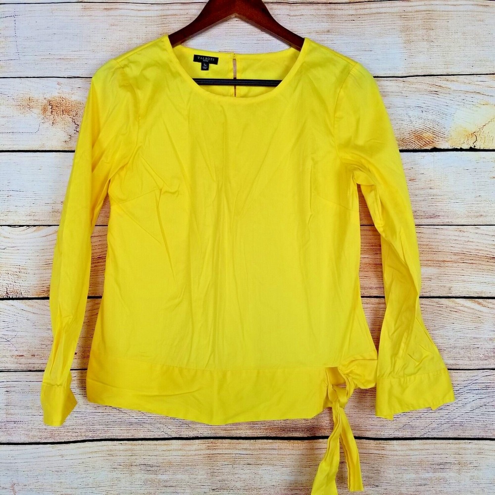 Talbots‎ Tie Side Blouse Petite Size PS S Yellow Long Sleeve Keyhole Back Button